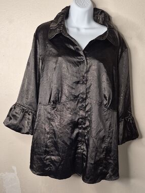 Womens Black Satin Button-Front Blouse